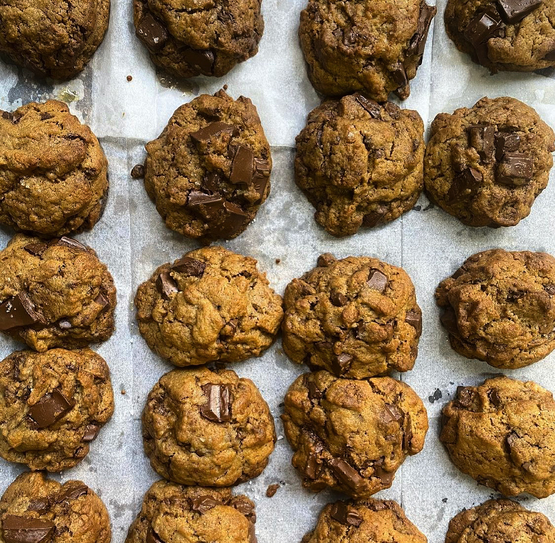 Chocolate chip cookies on parchment